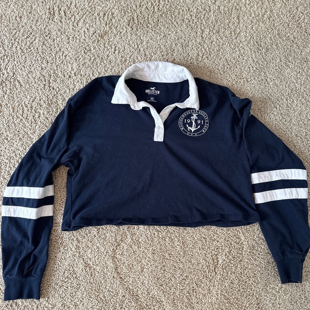 Hollister navy and white long sleeved cropped collared shirt size XS